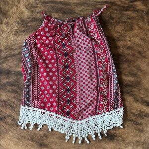 No Boundaries Red Patterned Tank Top with Lace Trim